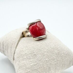 Red Coral Vintage Silver Plated Boho Ring 7